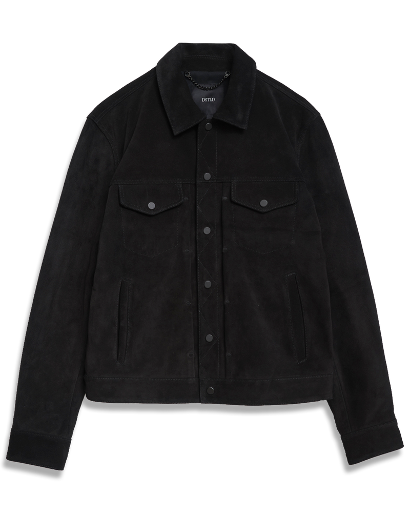 Men's Suede Trucker Jacket in Vintage Black-flat lay (front)