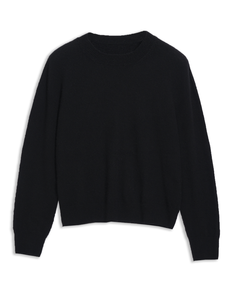 Women's Italian Brushed Cashmere Crew Neck in Black-flat lay 