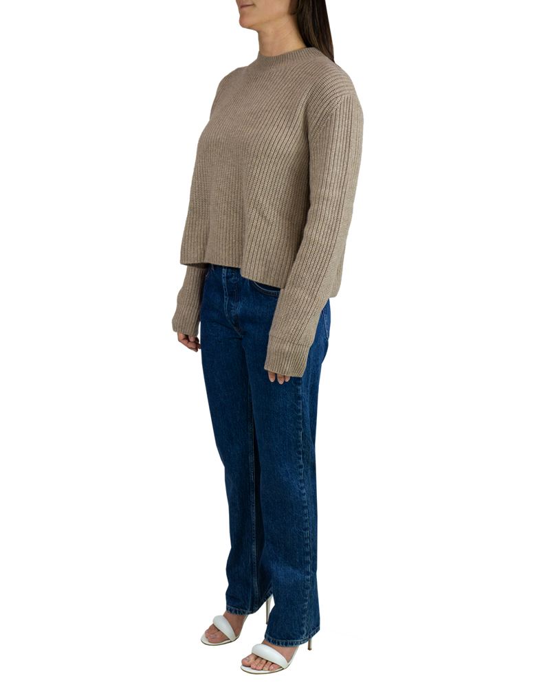 Women's Cashmere Ribbed Mock Neck in Camel Media 1 of 9-full view side