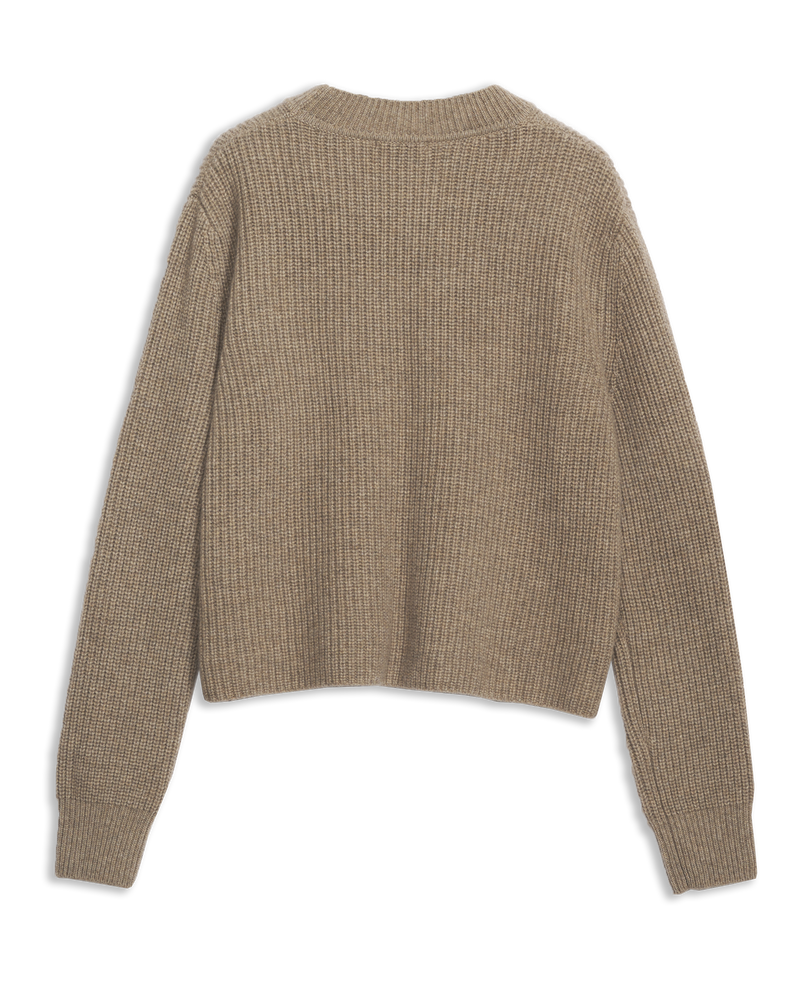 Women's Cashmere Ribbed Mock Neck in Camel-flat lay back