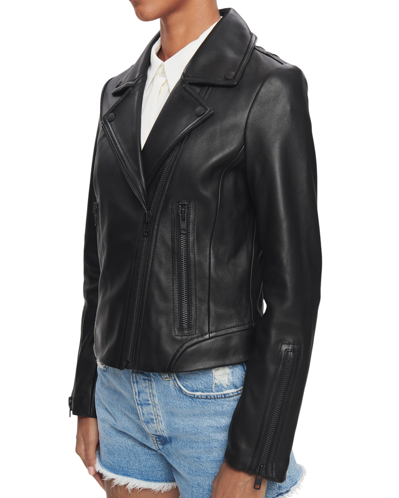 Women's Leather Biker Jacket in Black with Black Hardware