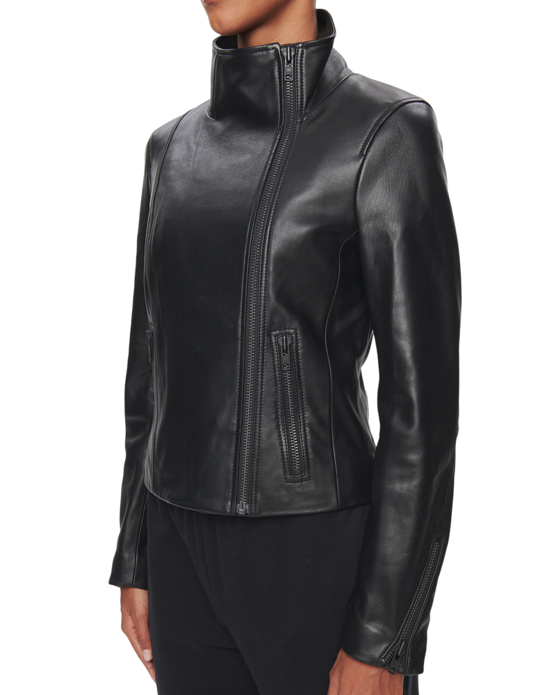 Women's Asymmetrical Leather Jacket in Black