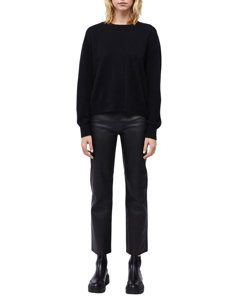 Women's Italian Brushed Cashmere Crew Neck in Black-full view front