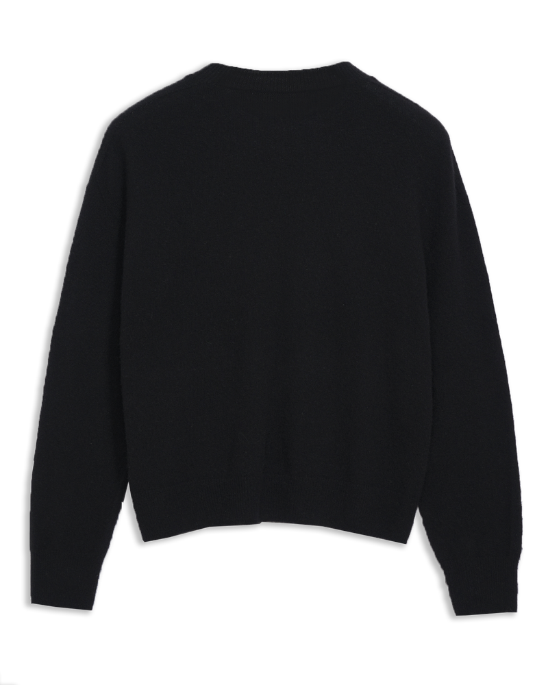 Women's Italian Brushed Cashmere Crew Neck in Black-flat lay back