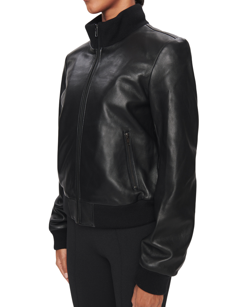 Women's Leather Bomber Jacket in Black