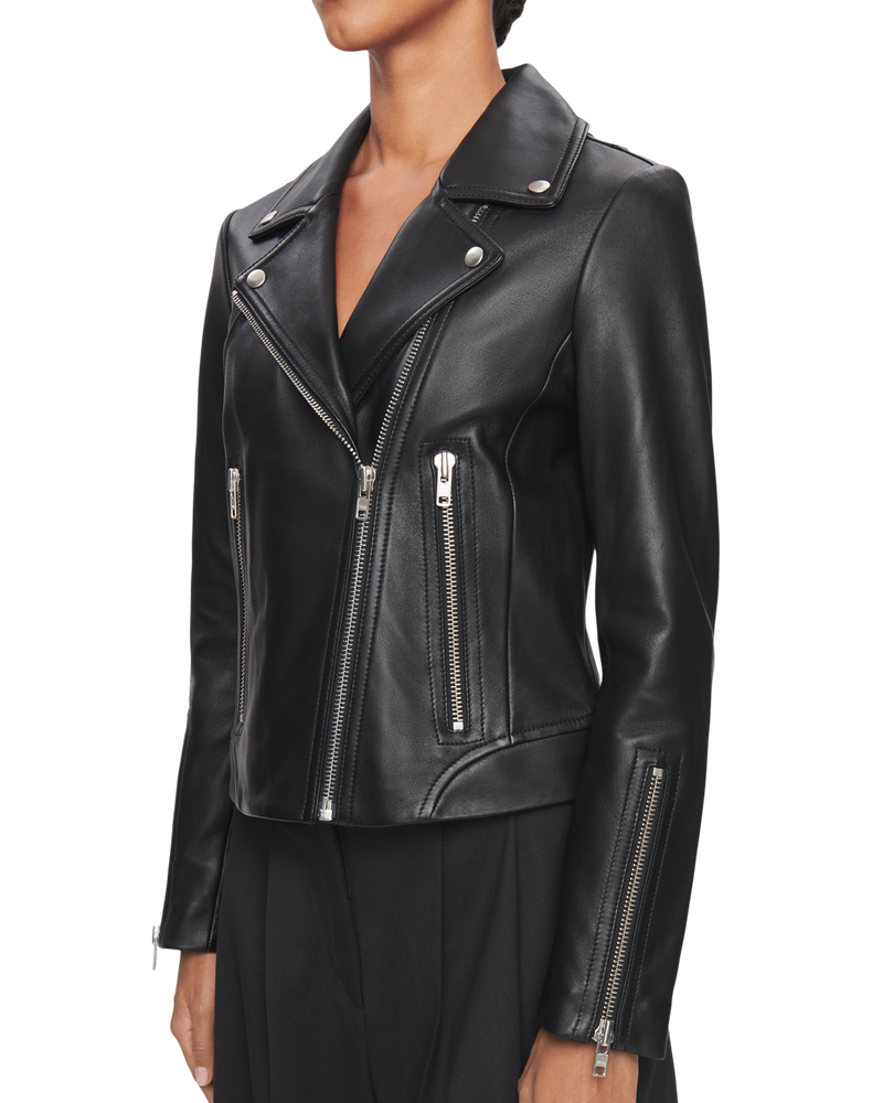 Women's Leather Biker Jacket in Black with Silver Hardware | DSTLD